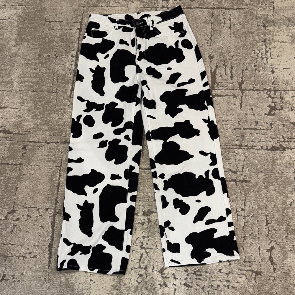 Cow Print Wide Leg Pants - Black & White